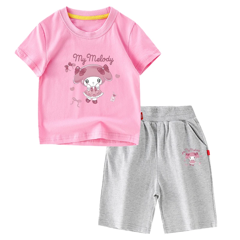 

Kawaii Sanrioed My Melody Kuromi Children T-Shirt Set Cute Card Cotton Children's Summer Tide Short Sleeve Shorts Two-Piece Set