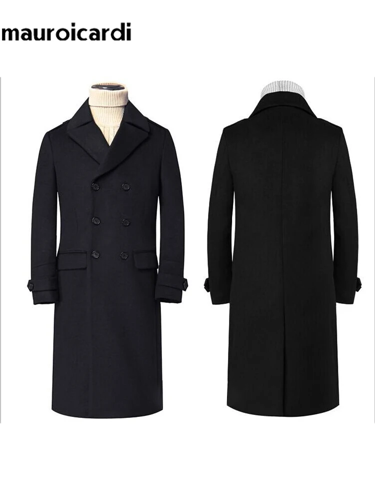 Mauroicardi Autumn Winter Long Warm Smart Casual Navy Blue Black Woolen Coat Men Double Breasted Luxury Wool Blends Overcoat 4