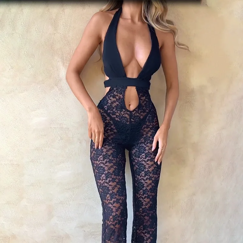 

Halter Sexy Cut Out Lace Jumpsuits Rompers Fashion Outfits One Piece Backless Bodycon Jumpsuit Overalls Flare Pant 2023