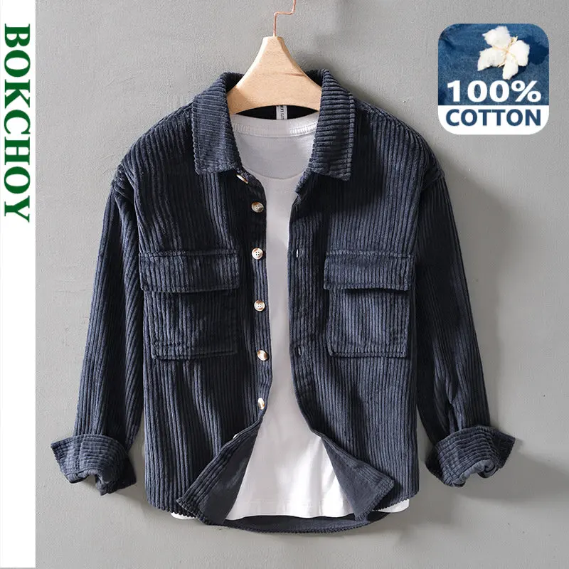 

Autumn Winter New Retro Corduroy Casual Long Sleeve Shirt Men's Loose Youth Plus Size Pure Cotton Top BL964