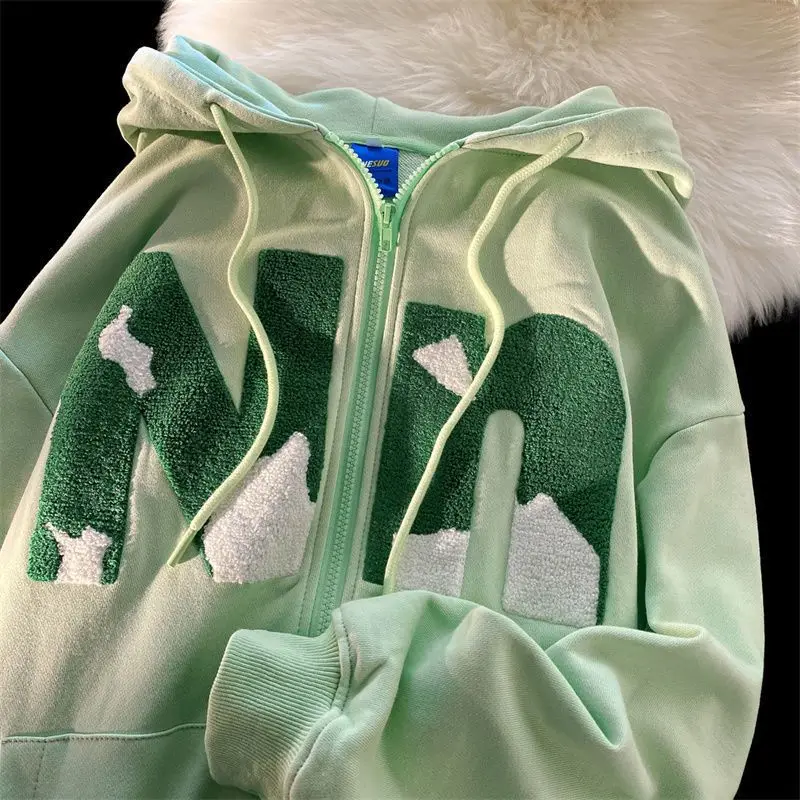 

Zip Up Letter Embroidery Hoodies Women High Street Retro Loose Sweatshirt Casual Simple Fresh Jackets Hoodie Clothes Men 2022