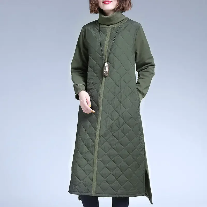 Turtleneck Vintage Parka Female Down Jackets Casual Loose Long Sleeve Overszied X-long Jacket Women Cotton Parkas Winter Clothes green print y2k long sleeve crop coat jacket women casual autumn winter 2021 bubble turtleneck short parkas jackets