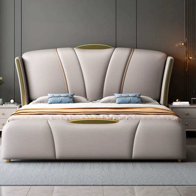 

Luxury Nordic Double Bed Glamorous Shelves Leather Modern Twin Bed Frame Full Size Sleeping letto matrimoniale home furnitures