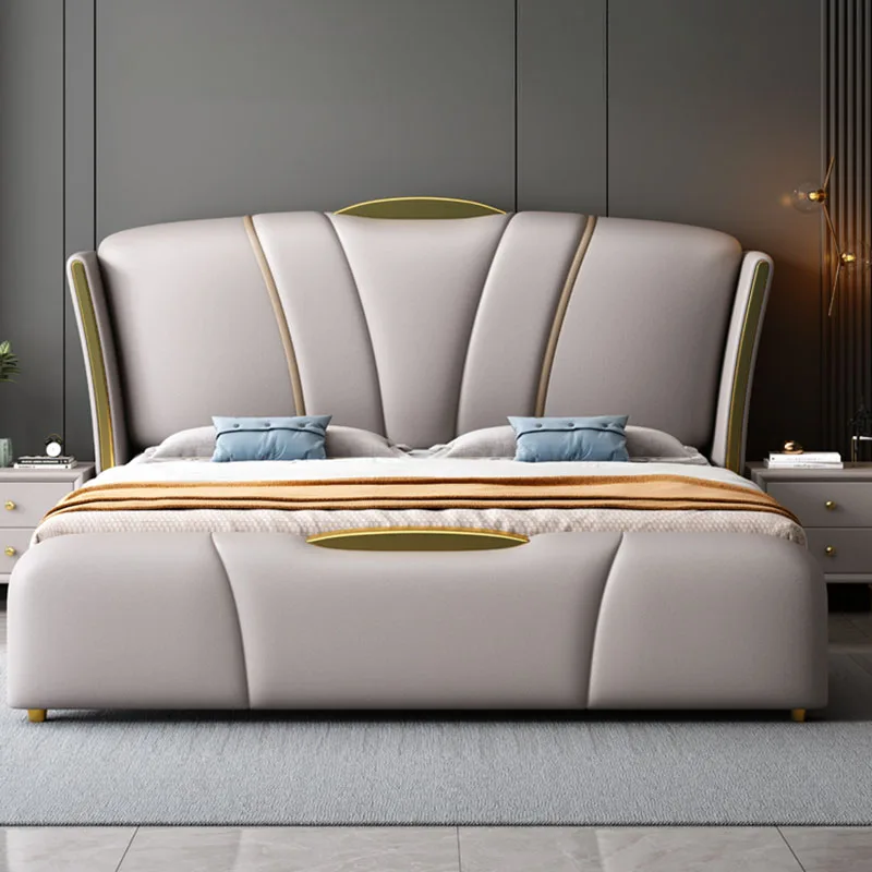 Luxury Nordic Double Bed Glamorous Shelves Leather Modern Twin Bed Frame Full Size Sleeping letto matrimoniale home furnitures