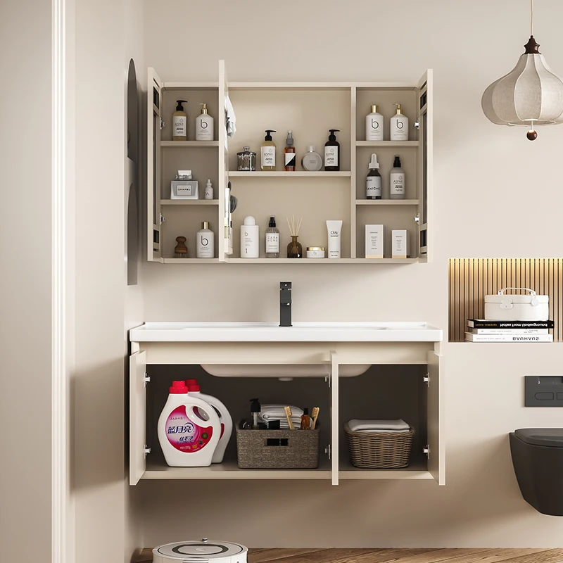 Cream Style Thickened Honeycomb Aluminum Rounded Corner Bathroom Cabinet Wash Basin Cabinet Combination Bathroom Vanities