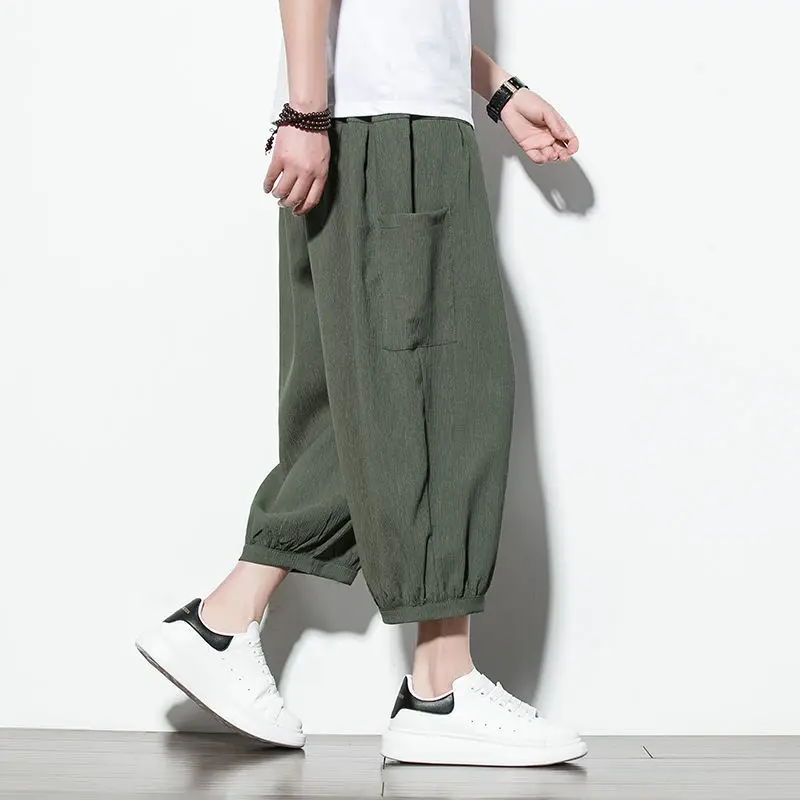 Fashion Elastic Lace Up Solid Color Pockets Harem Casual Pants Men's Clothing 2024 Spring Summer New Loose Korean Cropped Pants