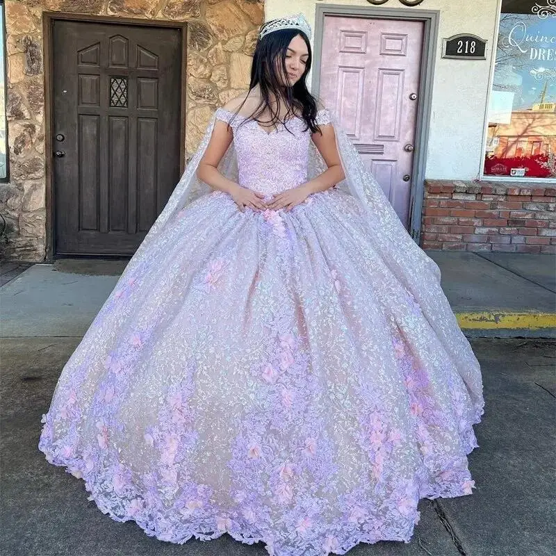 Pink Bling Quinceanera Dresses With Cape Applique 3D Flower Birthday Dress Ball Gown Corset Off the Shoulder quinceanera de 15