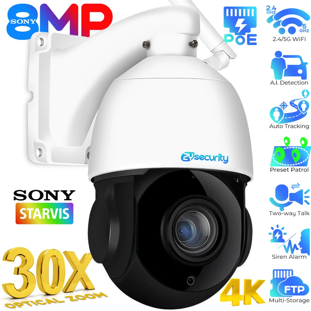 

4K 8MP 30X Zoom PTZ IP Camera Outdoor Human/Car Detect Auto Tracking Speed Dome Camera 60M IR Wifi PoE CCTV Surveillance Cameras