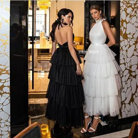 Elegant High Quality Evening Dress A-Line Halter Neck Sleeveless Tiered Tulle Sexy Backless Belt Celebrity Gown Prom Party Wear