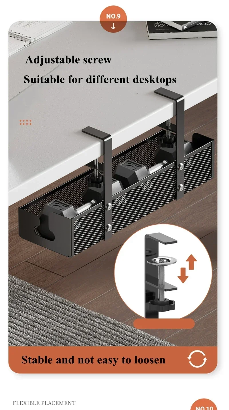 No Drill Steel Desk Cable Organizer Under Desk Cable Management Tray ...