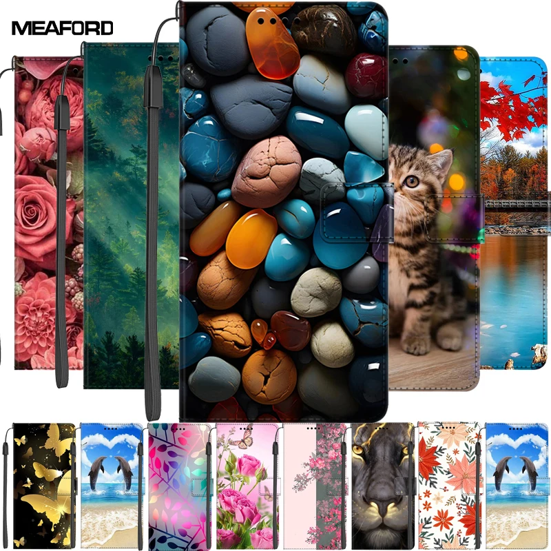 Leather Flip Wallet Book Case with Card Stand and Stylish Painted Design