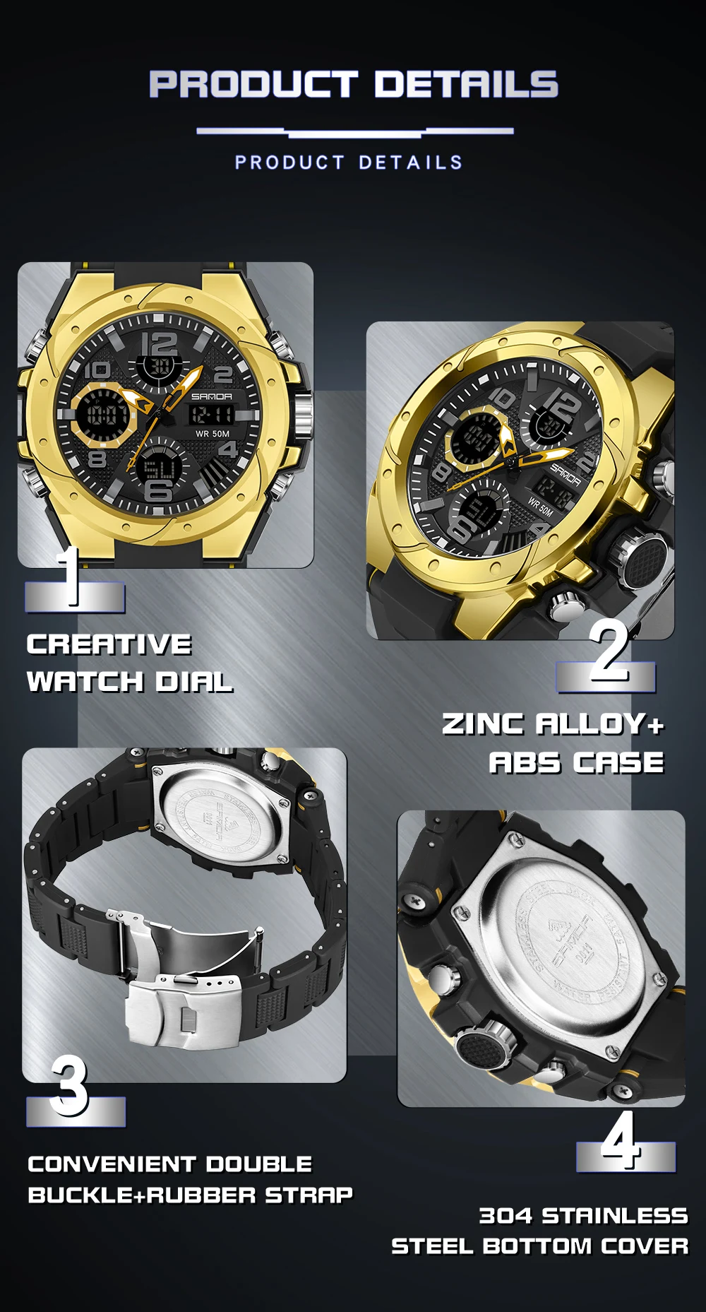 Sport Watch Men Waterproof Dual Display Watch 9009 SANDA Top Luxury Watches Men Military Army Mens Watch Relogio Masculino 2023