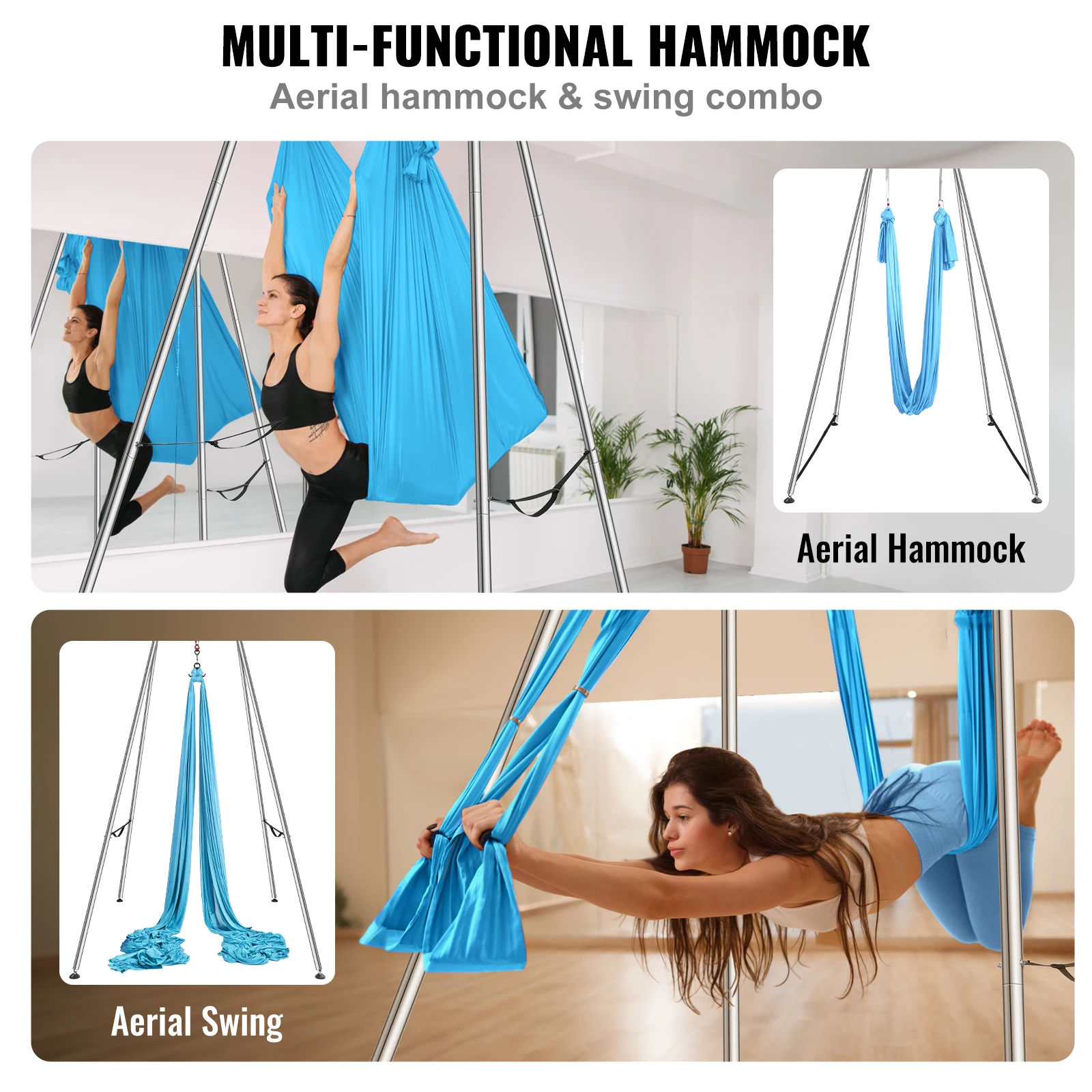 VEVOR Aerial Yoga Frame & Hammock 9.67 ft Yoga Swing Stand W/13.1 Yards Aerial Hammock Max 551lbs Rig for Indoor Outdoor