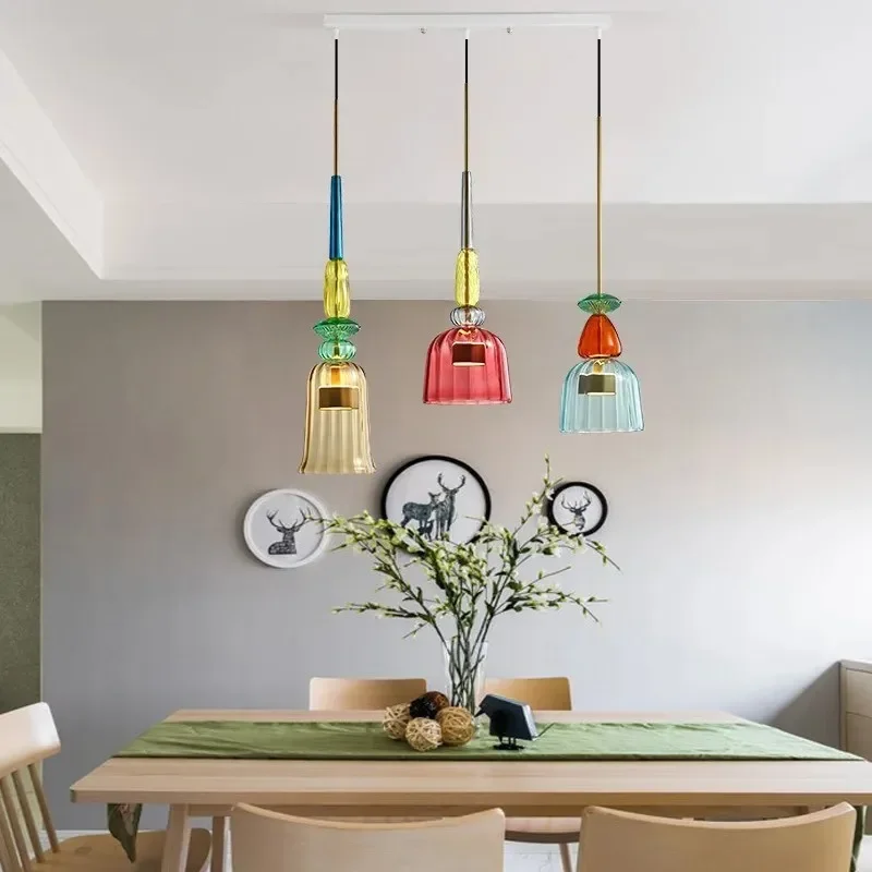 Scandinavian Macaron Colourful Dining Room Lampshade Modern Simple Creative Dining Table Candy Colourful Luster Glass Chandelier