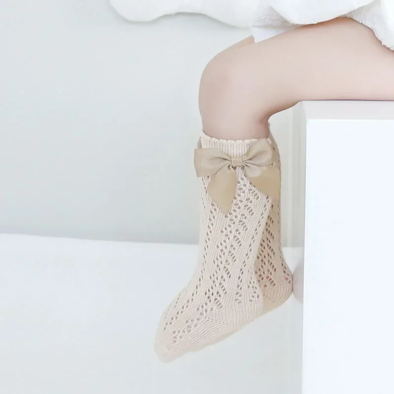 Summer Solid Color Spanish Bow Princess White Socks Mesh Hollow Out Thin Stitch Knee High Long Tube Stockings for Children Girls