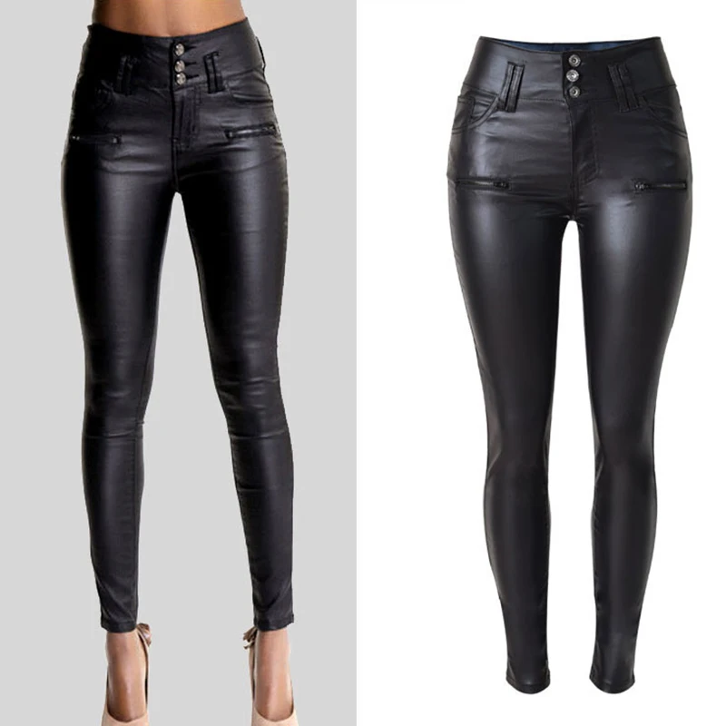 

Faux Leather Trousers Women Spring Fashion Multi Button High Waist Stretch Skinny PU Pants Ladies Sexy Push Up Slim Pencil Pants