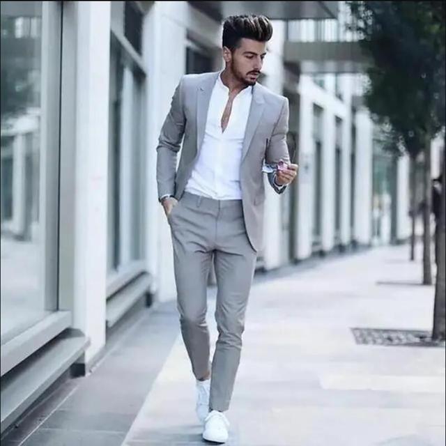 Casual Business Men Suits for Wedding 2 Pieces Suits Man Groom Tuxedos Slim Fit Peak Lapel Terno Masculino Costume Homme - Gray, 5XL