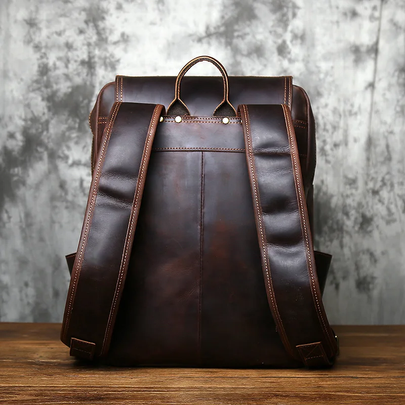 NZPJ Vintage Genuine Leather Men's Backpack Crazy Horse Leather Backpack Natural Cowhide Travel Bag Leisure Computer Bag