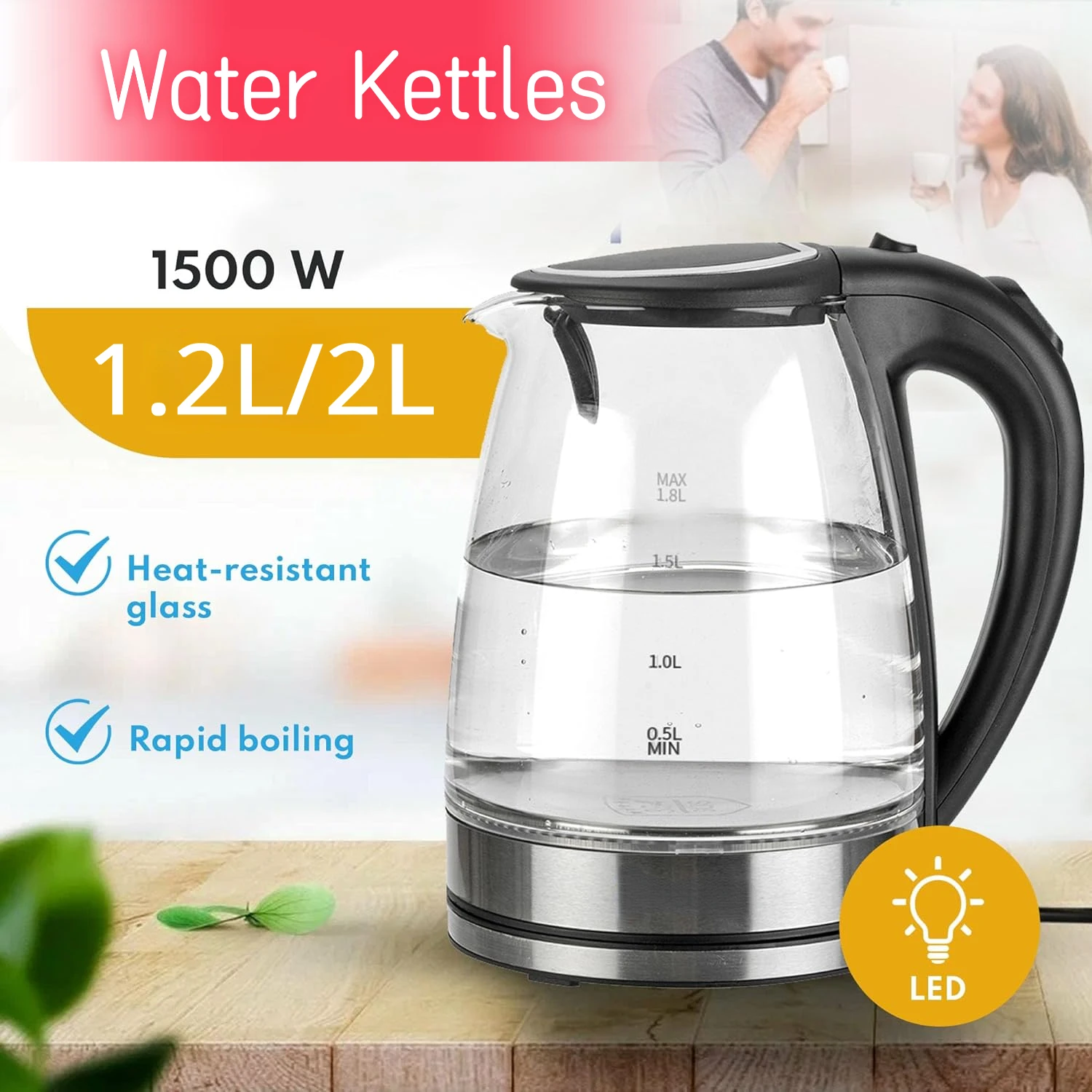 

1.2L/1.8L 220V Electric Health Kettle Stainless Steel Borosilicate Glass Blue Light 1500W Hot Water Tea Kettle Home Appliance