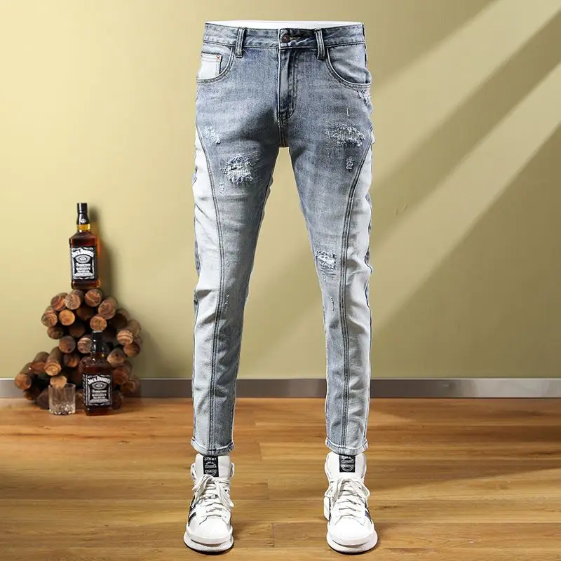 Men\'s Jeans Social Fashion Men\'s Autumn Patch Splice Used Motorcycle Vintage Pants skinny Ripped jeans jeans men