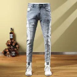 Men's Jeans Social Fashion Men's Autumn Patch Splice Used Motorcycle Vintage Pants skinny Ripped jeans jeans men