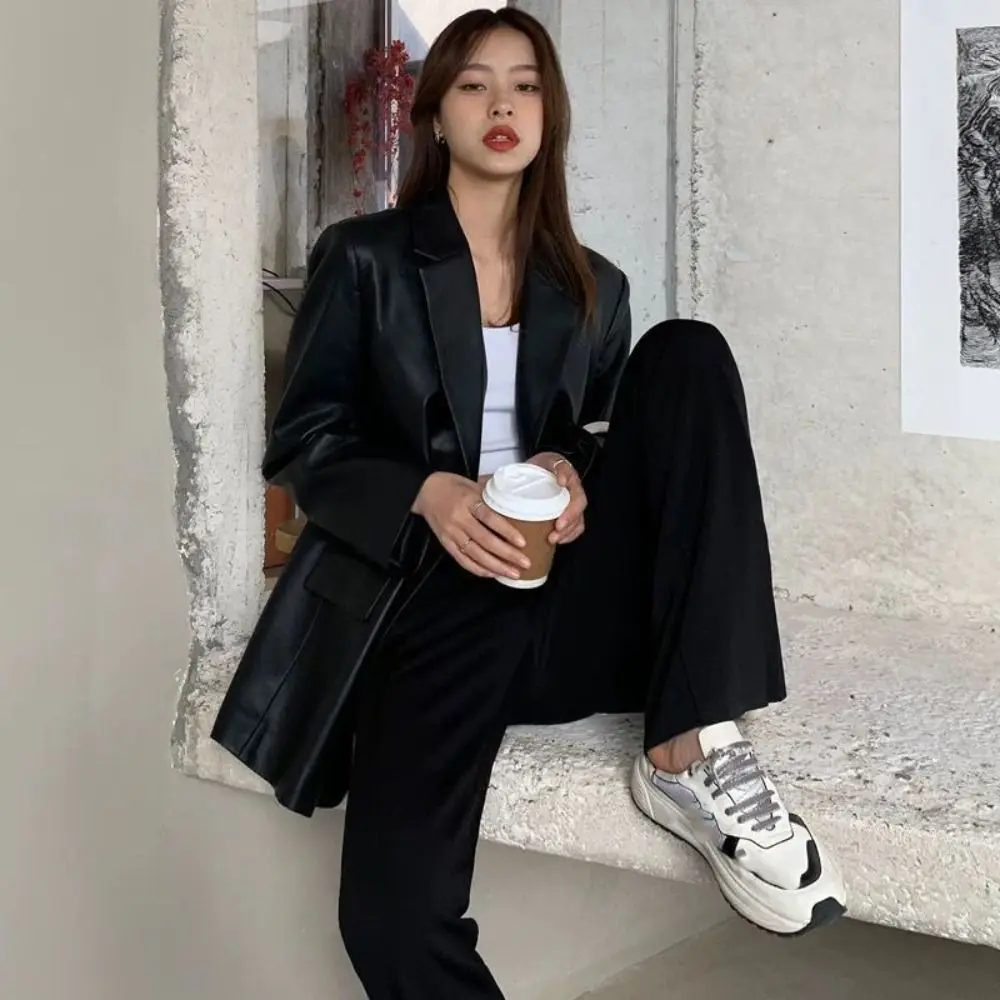 Sweet Lapel Collar Leather Jacket Women Korean Chic Retro Suit Leather Jacket Outerwear Loose Vintage PU Coats Autumn/Winter