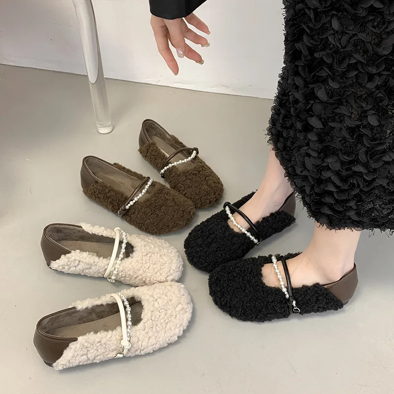 Women's Elegant Warm Shallow Mouth Casual Hairy Flats  Winter Fashion Versatile Soft Soled Comfortable Plush Mary Jane Shoes