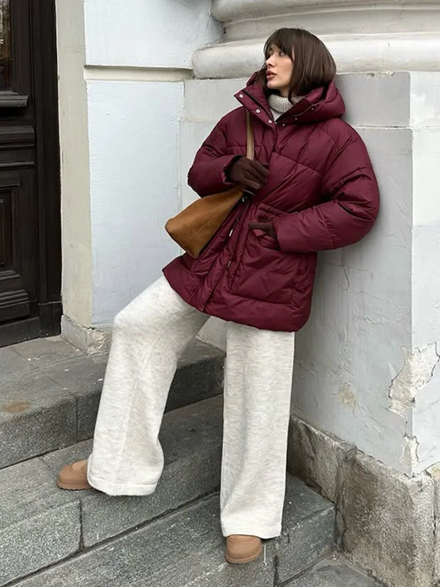 Bornladies New 2025 Winter Women Wine Red Hooded Puffer Coat Drawstring Waist Zipper Warm Bread Jacket Outerwear