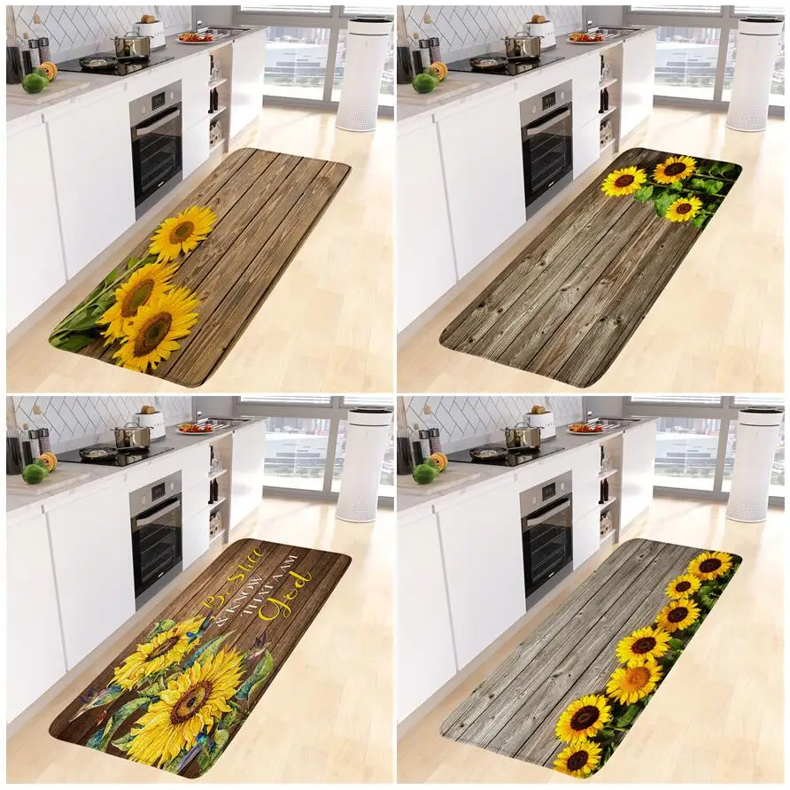 Brown Plank Girasole Tappetini Da Cucina Vintage Grey Wood Board Flowers Room Tappeto Lungo Home Decor Flanella Tappeti Da Pavimento Tappetino Da Bagn