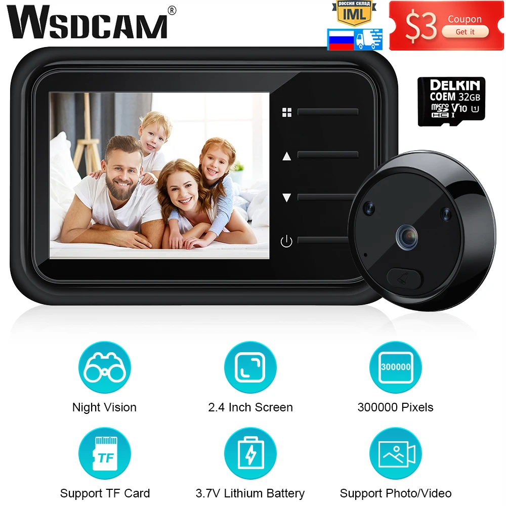 Wsdcam Video Peephole Doorbell Camera 2.4inch Lcd Ir Night Vision Video