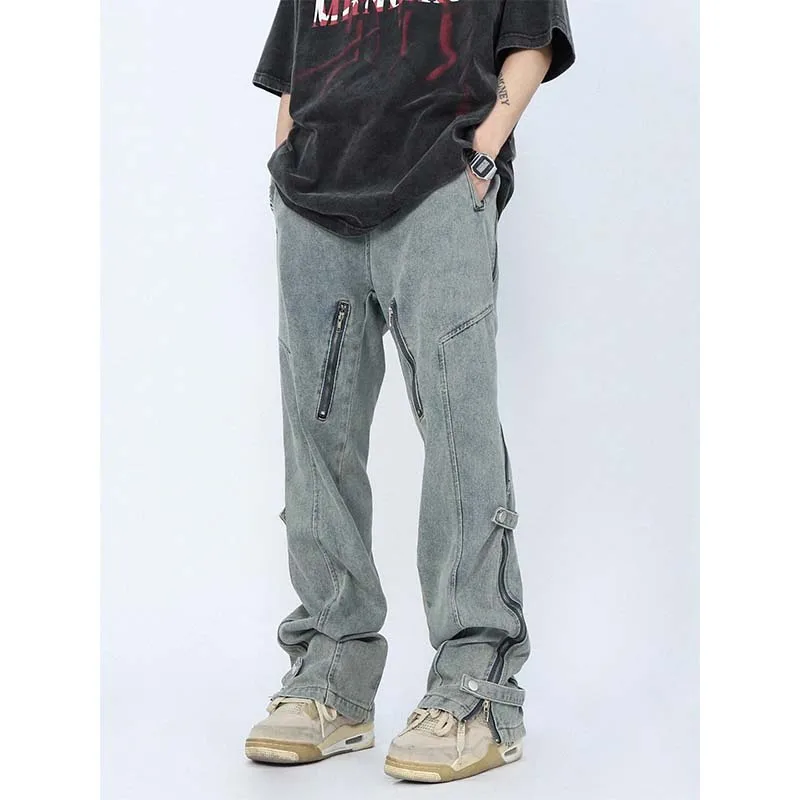 

MADE EXTREME Multi-zipper Jeans Drawstring Denim Trousers Y2k Denim Jean Distressed Cargo Pants