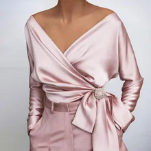 

Deep V-neck Pleated Lace-up Slim-fit Shirt for Women 2021 Autumn Elegant Sexy Long-sleeved Shirt Gray and Other Four Colors