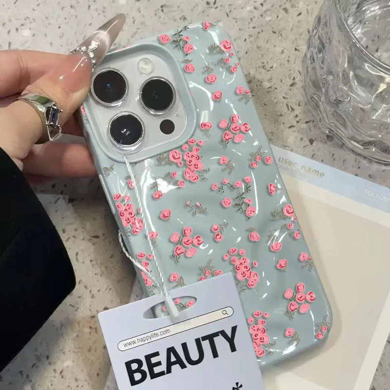 Elegant Pink Floral Pattern Shockproof TPU Phone Case with Textured Soft Cover