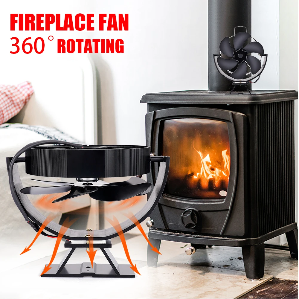 Fireplace Fan 6 Blades 360&deg; Rotating Heat Powered Fan Quiet Efficient Heat Distribution For Wood Log Burner Winter Warmer