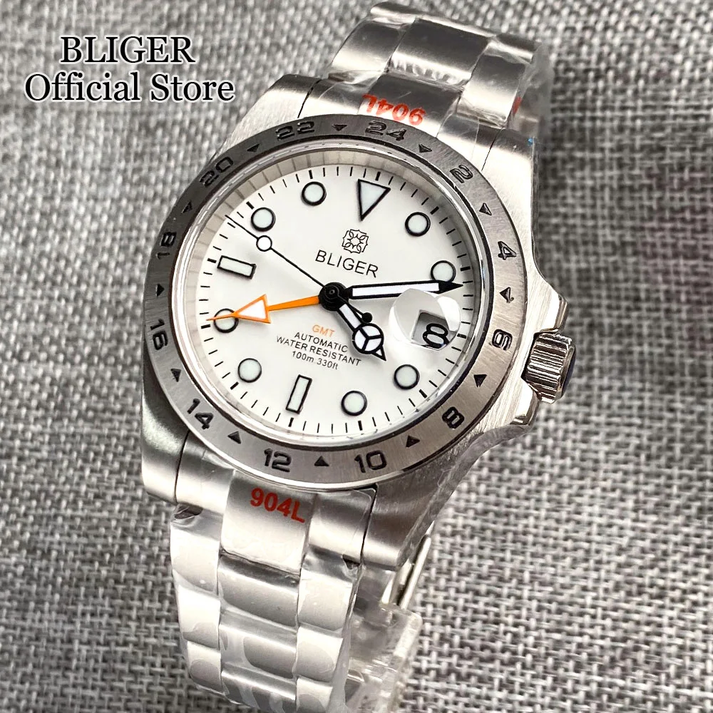 BLIGER White Dial Luminous 39mm Automatic Mens Watch Japan NH34 Movement GMT Brushed Steel Strap Sapphire Glass Screwdown Crown