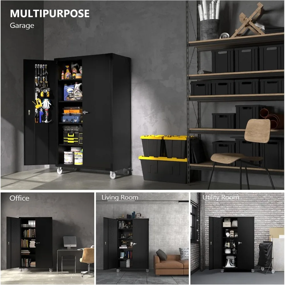 Upgraded Wide & Deep Garage Storage Cabinet, Metal Storage Cabinet with Pegboards, Wheels, Locking Doors and Adjustable Shelves 5