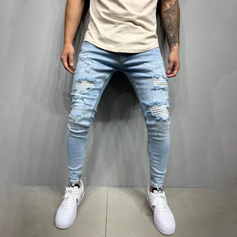 

European and American New Jeans Men's Side Pockets Small Foot Tight Jeans Streetwear Men Fashion Ripped Jeans