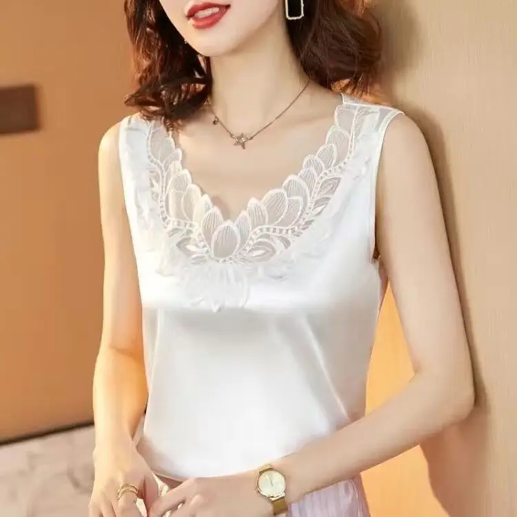S7729db7e2af940458d99649fa77d5352o Korean Silk Women Blouses Shirt Woman Satin Blouse Tops Women Satin Lace Embroidery Blouse Top Woman V-neck Printing Shirts Tops Mallzona