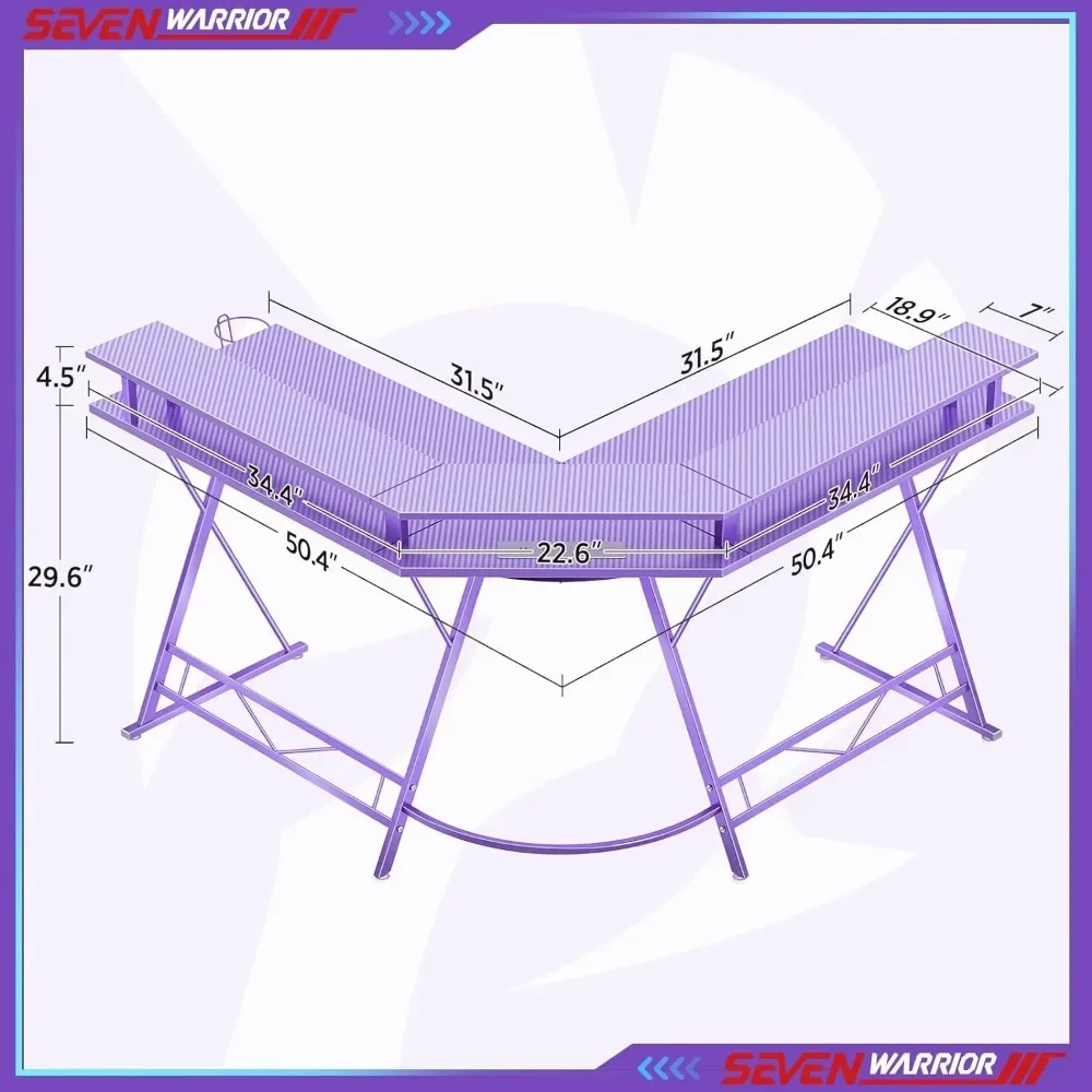 Gaming Desk 50.4” with LED Light & Power Outlets, L-Shaped Gaming Desk  with Monitor Stand, Ergonomic Gamer Table, Purple 6