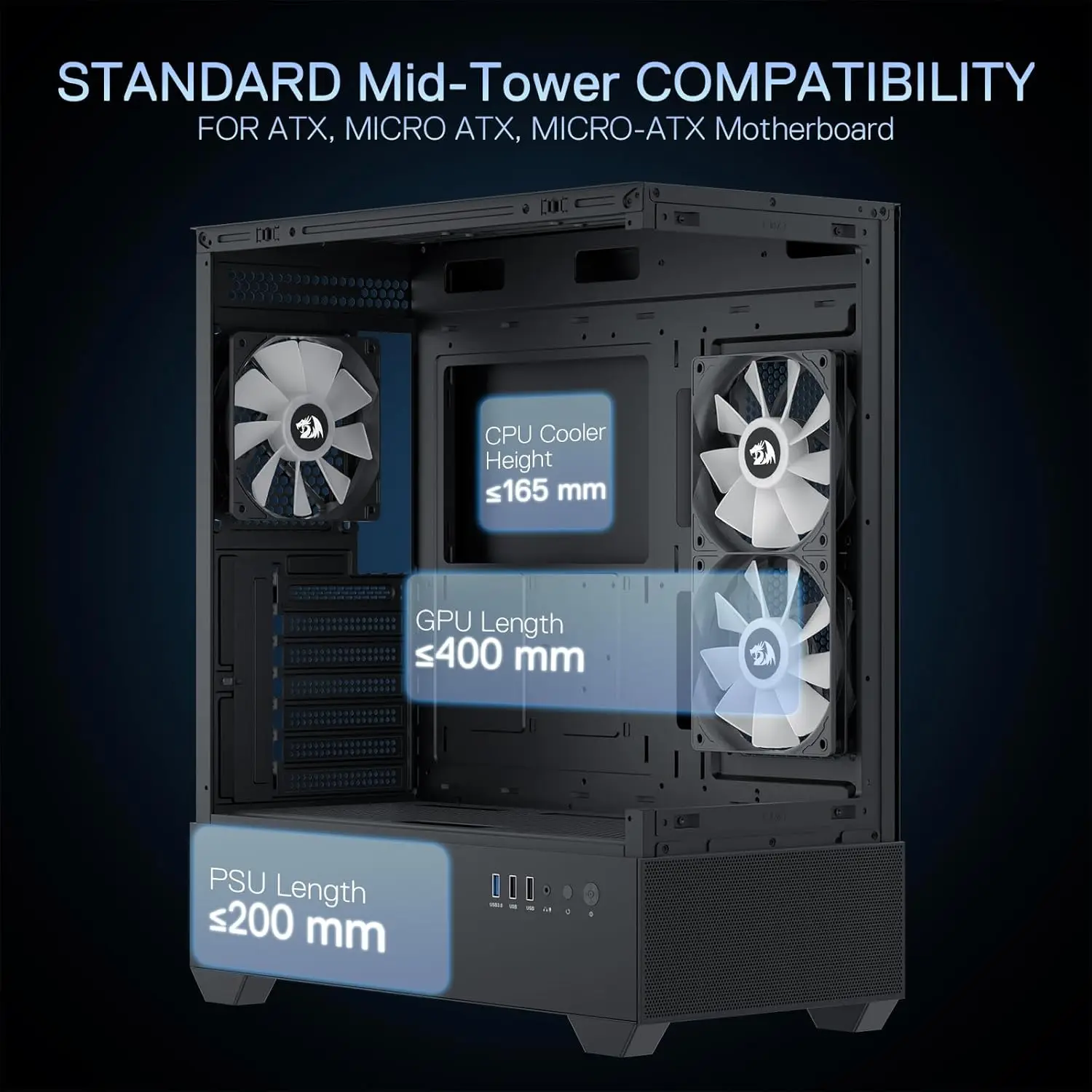 PC Case PC Chassis Computer Chassis Frame Redragon CA606 Gaming Back-Mounted ATX Computer Chassis 3 x 120mm Fans Pre-Installed 270&deg; Full View PC Case