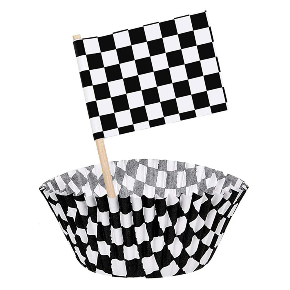 

24set Race Car Party Decorations Cupcake Wrappers with Checkered Flag Toothpicks Liner Paper Baking Cup Covers Kids Birthday