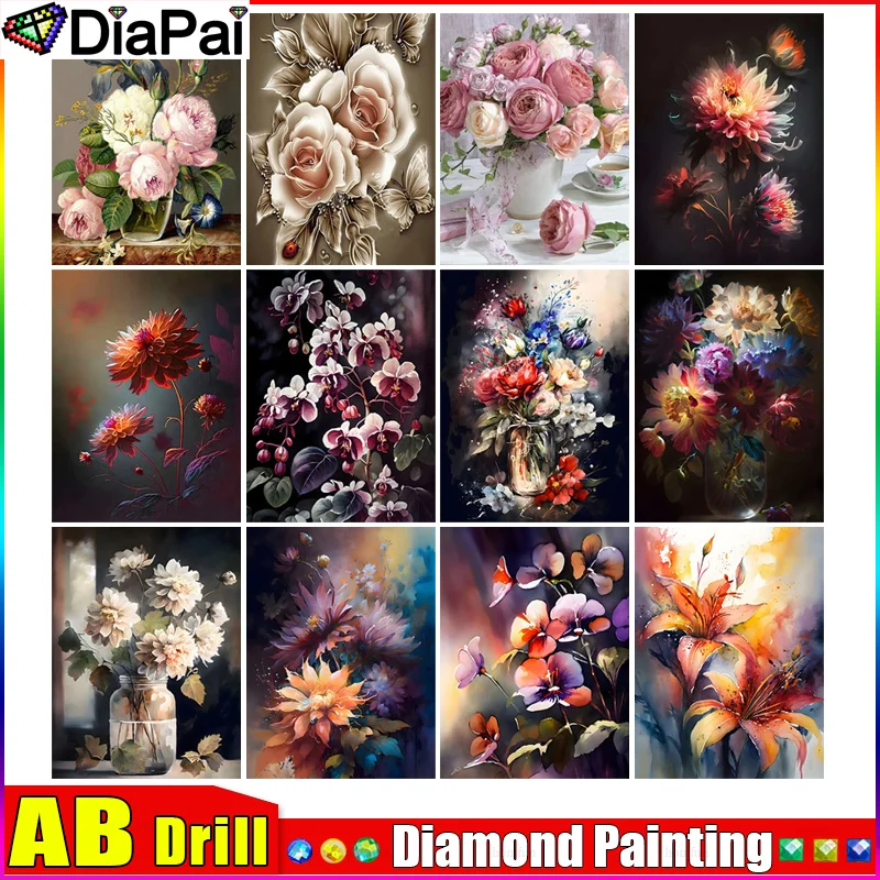 

Полноразмерная Алмазная вышивка DIAPAI AB 5D «ваза с цветами и розами», алмазная живопись, вышивка крестиком, стразы, украшение для дома