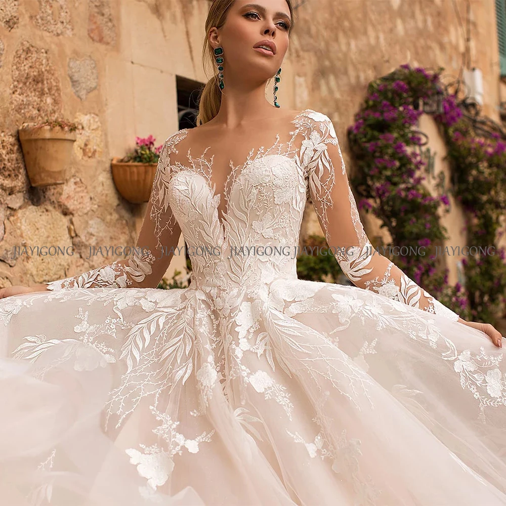 Goegeous Long Sleeves Wedding Dress Custom Scoop Neck Lace Appliques Tulle Ball Gown Bride Bridal Dresses Back Buttons 3