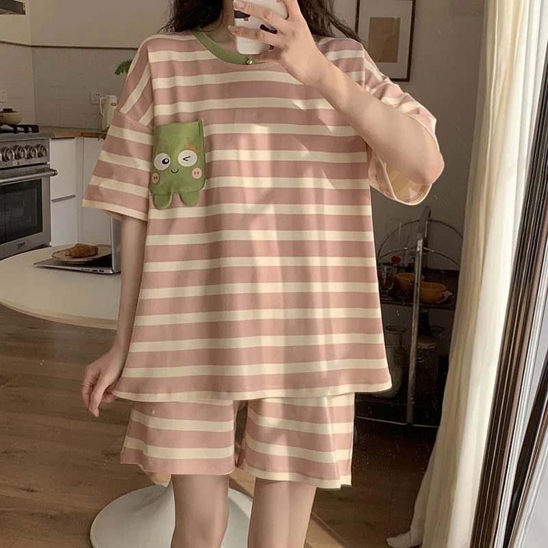 Summer Cotton Cartoon Pajamas Sets Women Pyjamas Sleepwear Nightwear Pijama Calf-Length Pants Homewear Comfort Fashion Pijamas