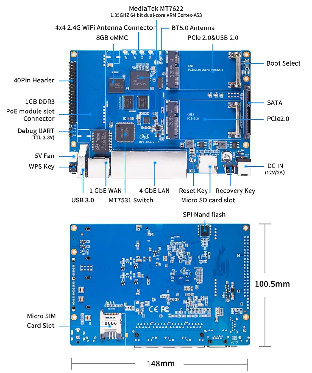 Banana Pi BPI-R64 Router Board MediaTek MT7622 1.35GHZ 64bit Dual-core ARM 1G DD