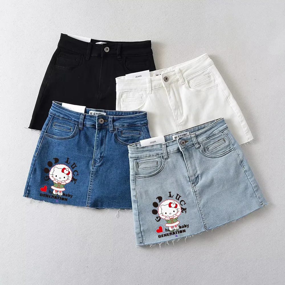 

Женская джинсовая короткая юбка HelloKitty Sanrio, летняя сексуальная облегающая юбка с запахом на бедрах, женская короткая юбка с мультяшным принтом аниме Y2K