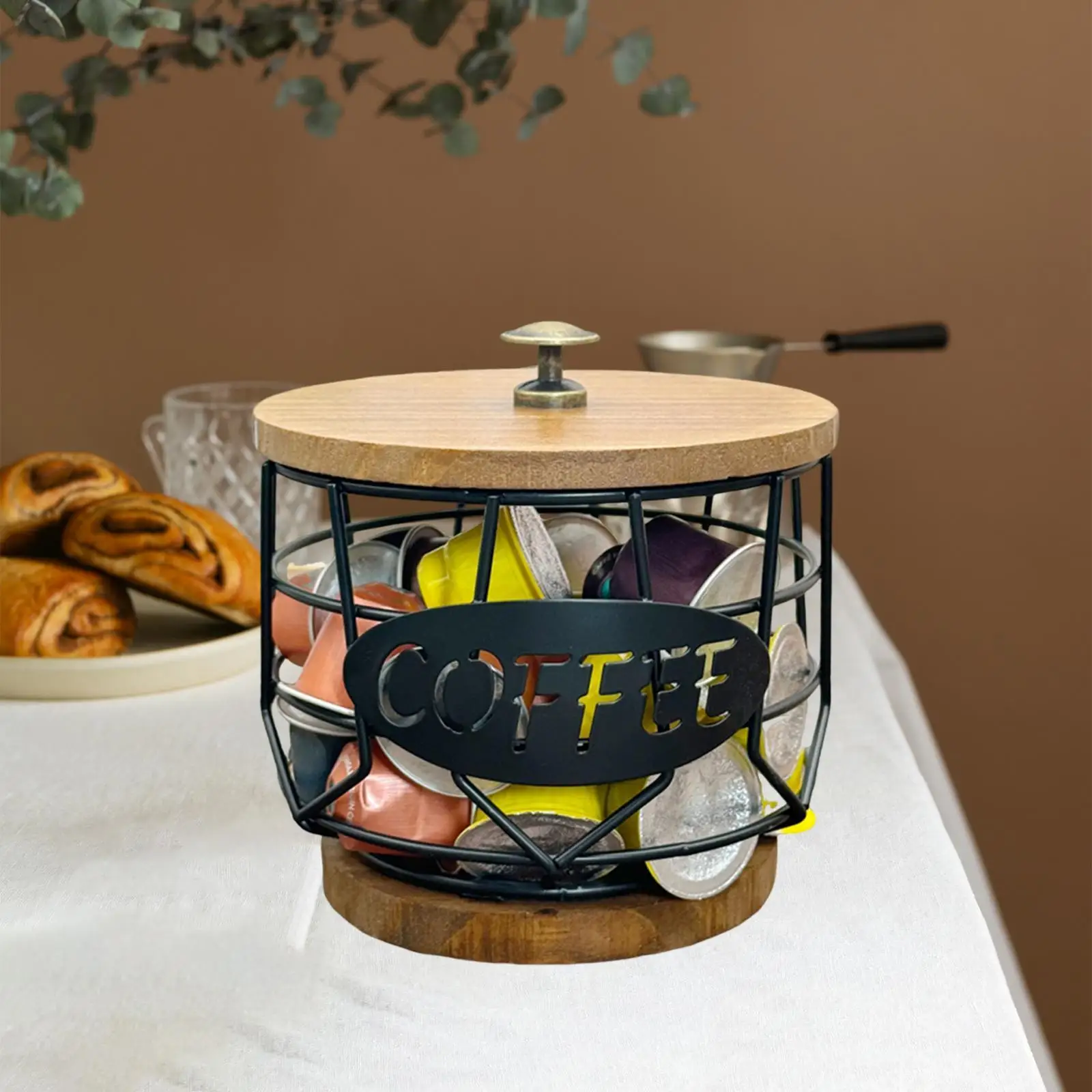 Coffee Pod Holder with Wooden Base Sturdy Iron Cup Shaped Organizer for Kitchen Counter Cafe Bar Accessories Office Desktop Coffee Pod Holder with Wooden Base Sturdy Iron Cup Shaped Organizer for Kitchen Counter Cafe Bar Accessories Office Desktop