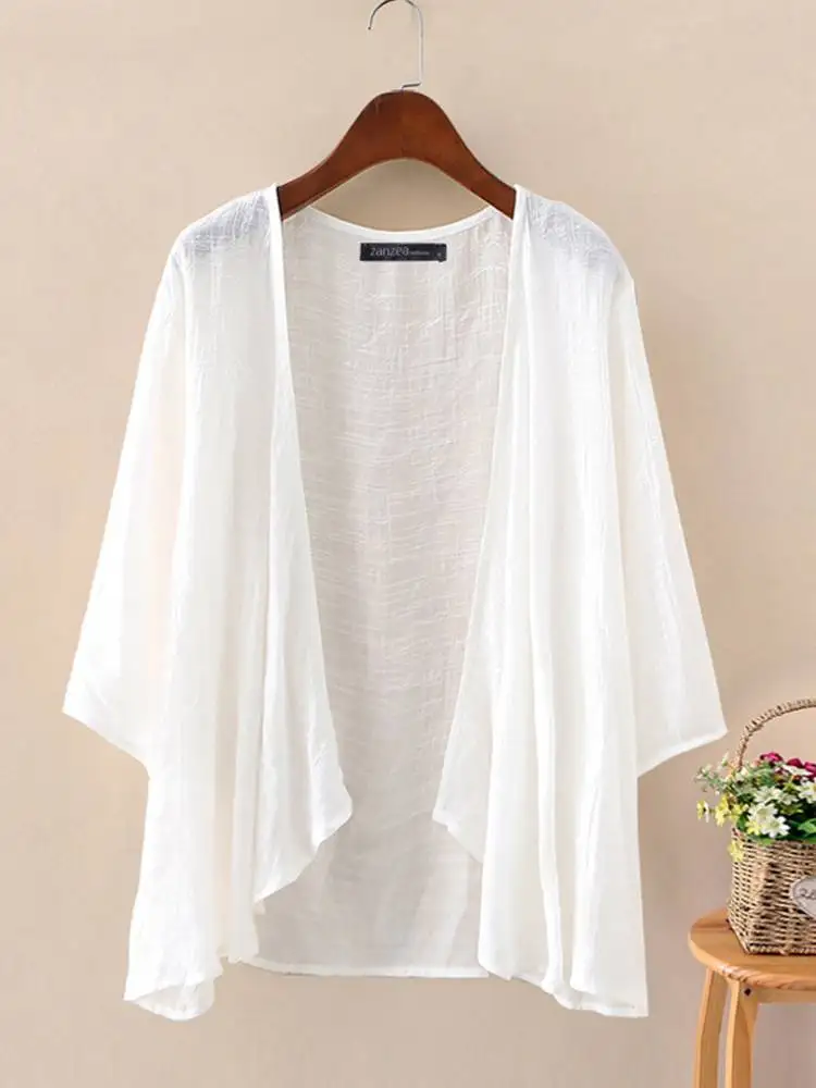 2023 ZANZEA 여름 패션 카디건 여성 3/4 슬리브 솔리드 블라우스 캐주얼 홀리데이 비치 홀리데이 기모노 오픈 프론트 셔츠 블라우스