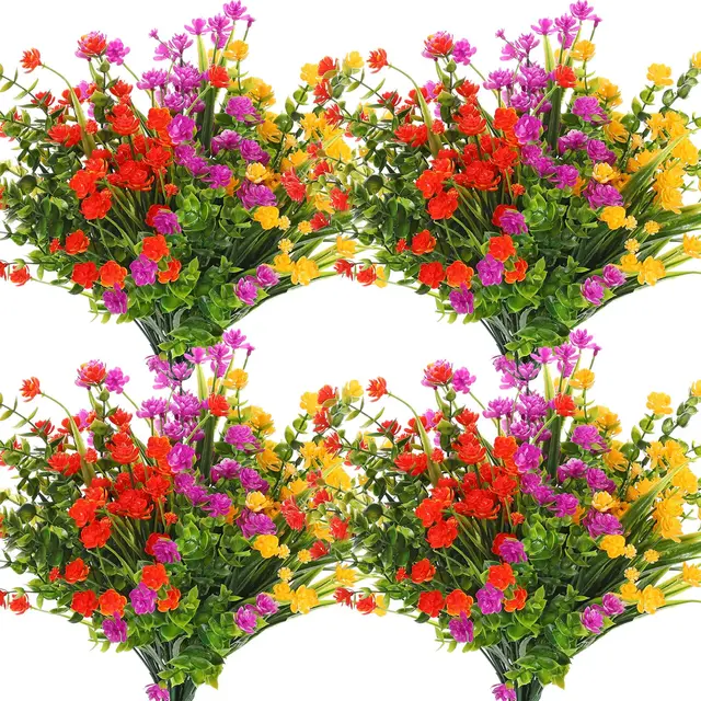 4 Bundles Artificial Plants UV Resistant Faux Bushes Plastic Flowers Home Farmhouse Wedding Outdoor Garden Porch Decor Plant