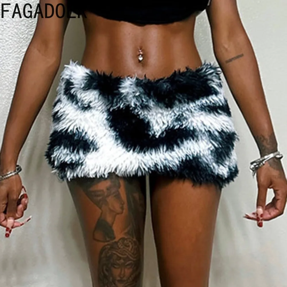 

FAGADOER Y2K Fashion Black White Patchwork Fur Mini Skirts Women High Waisted Slim Skirts Sexy Female Nightclub Party Clothing